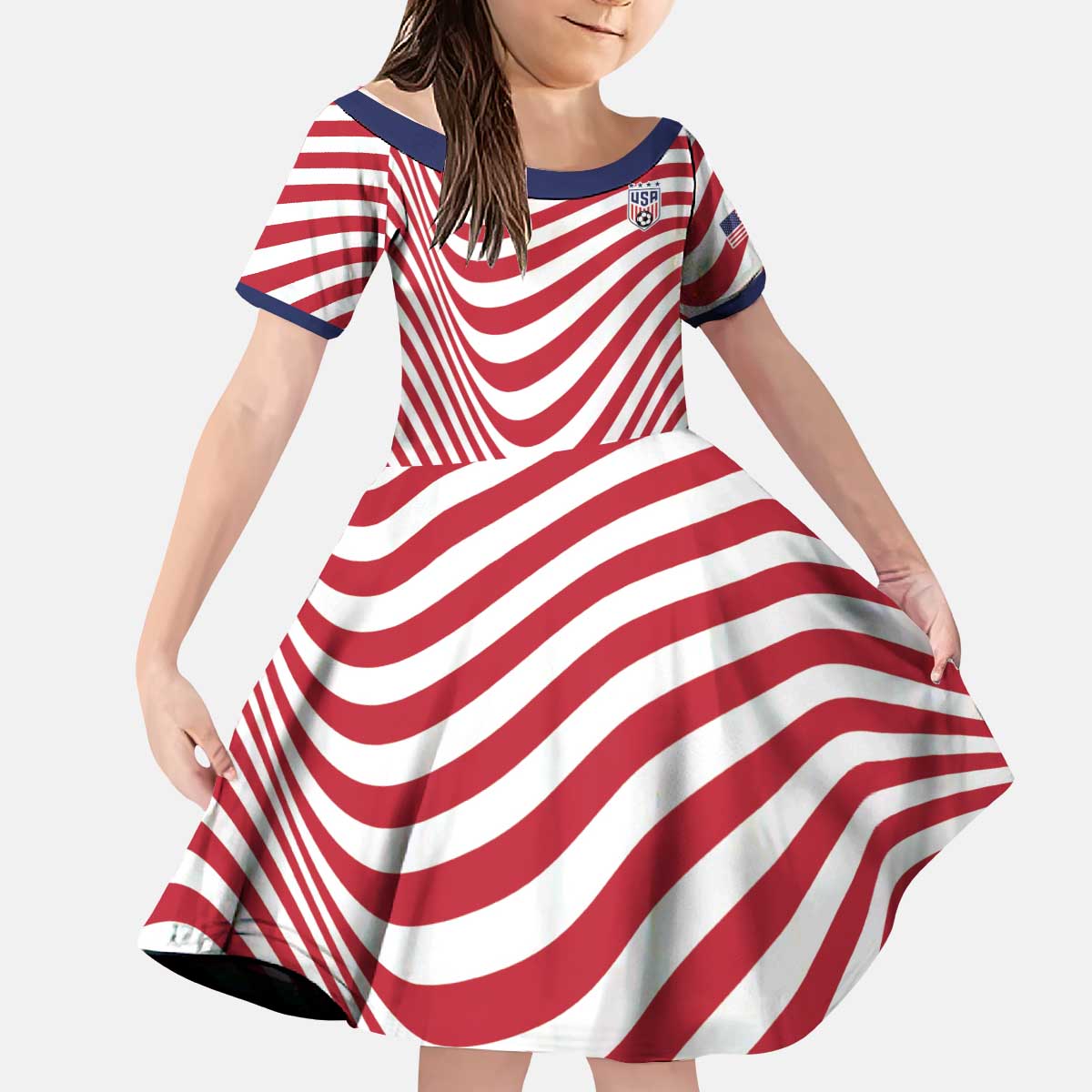 Custom Soccer 2026 USA Kid Short Sleeve Dress Wave Flag Stylized