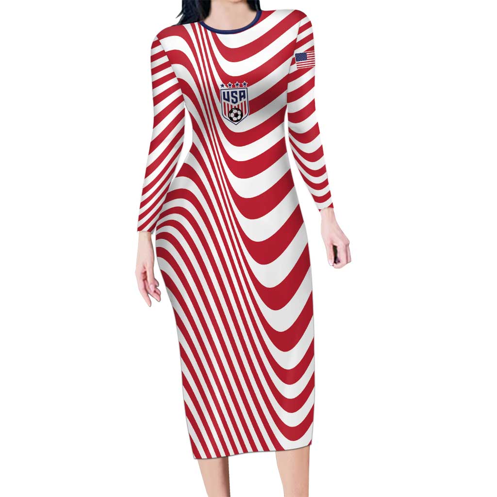 Custom Soccer 2026 USA Long Sleeve Bodycon Dress Wave Flag Stylized