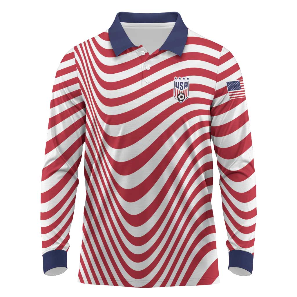 Custom Soccer 2026 USA Long Sleeve Polo Shirt Wave Flag Stylized
