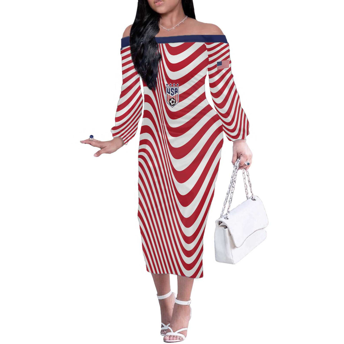 Custom Soccer 2026 USA Off The Shoulder Long Sleeve Dress Wave Flag Stylized