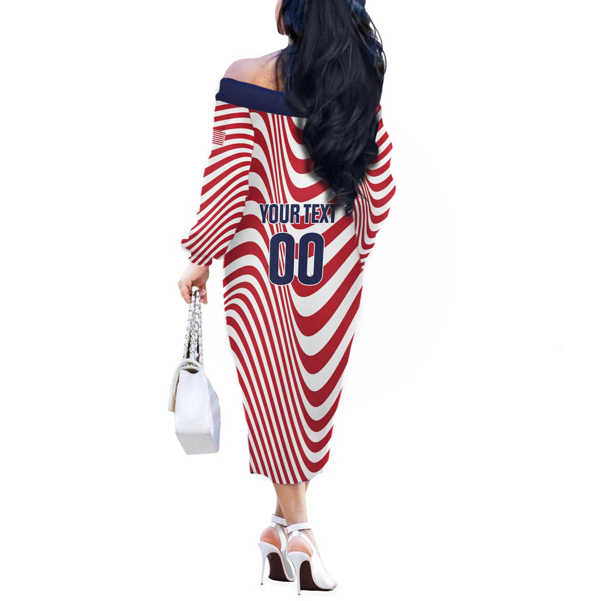 Custom Soccer 2026 USA Off The Shoulder Long Sleeve Dress Wave Flag Stylized