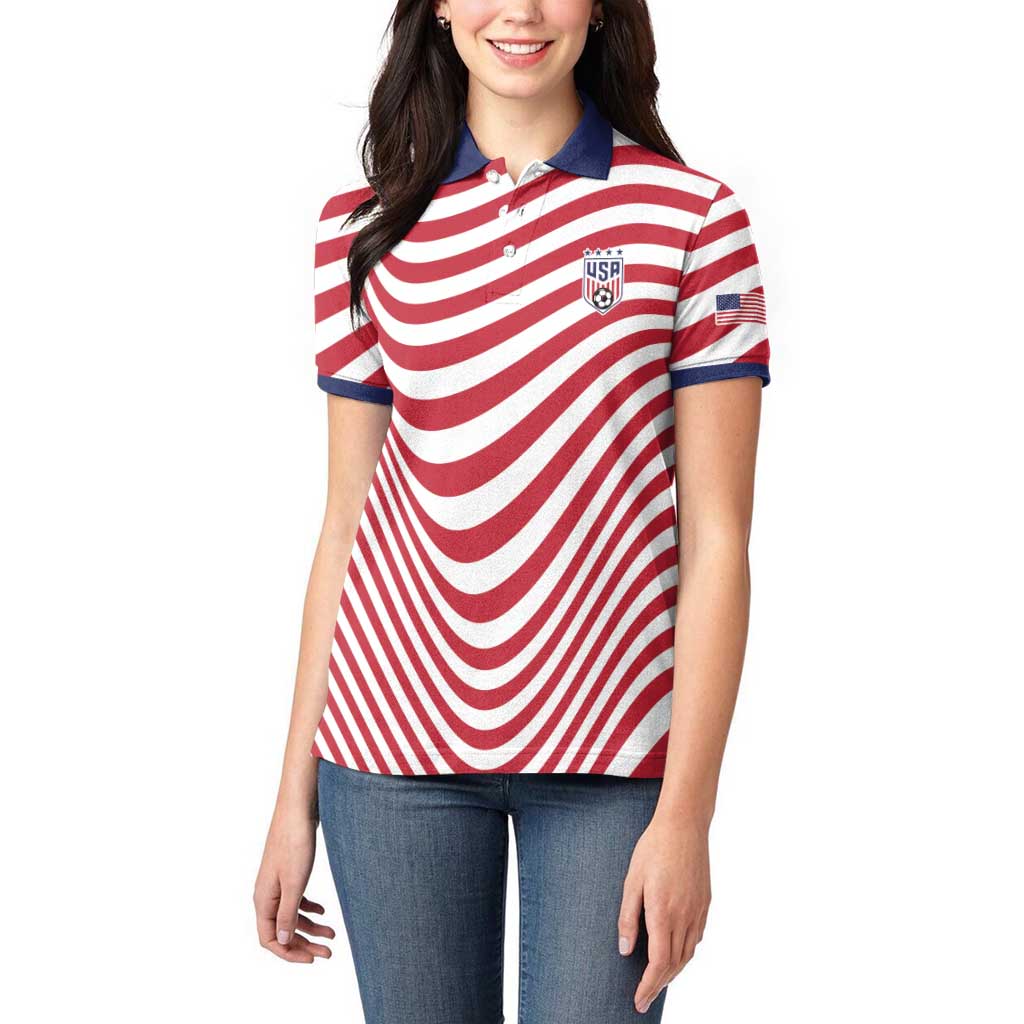 Custom Soccer 2026 USA Women Polo Shirt Wave Flag Stylized