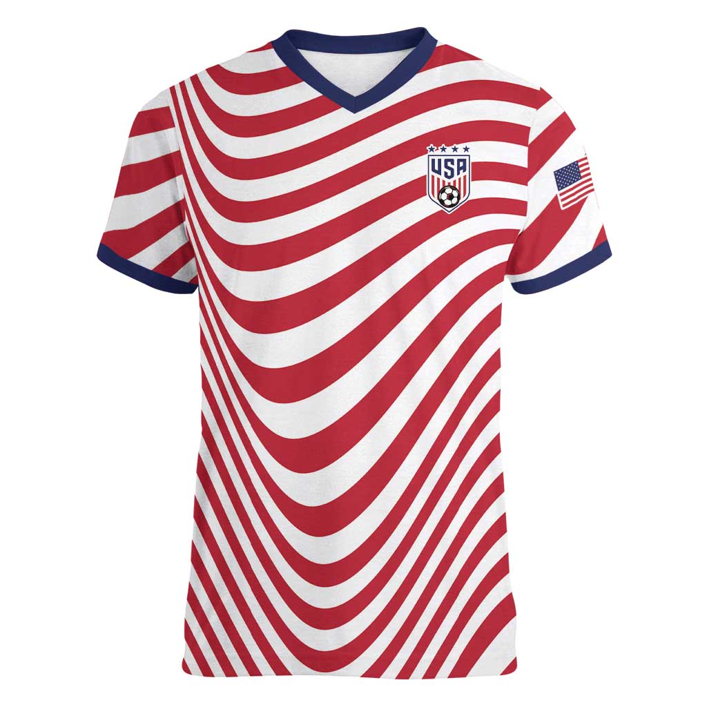 Custom Soccer 2026 USA Women V-Neck T-Shirt Wave Flag Stylized