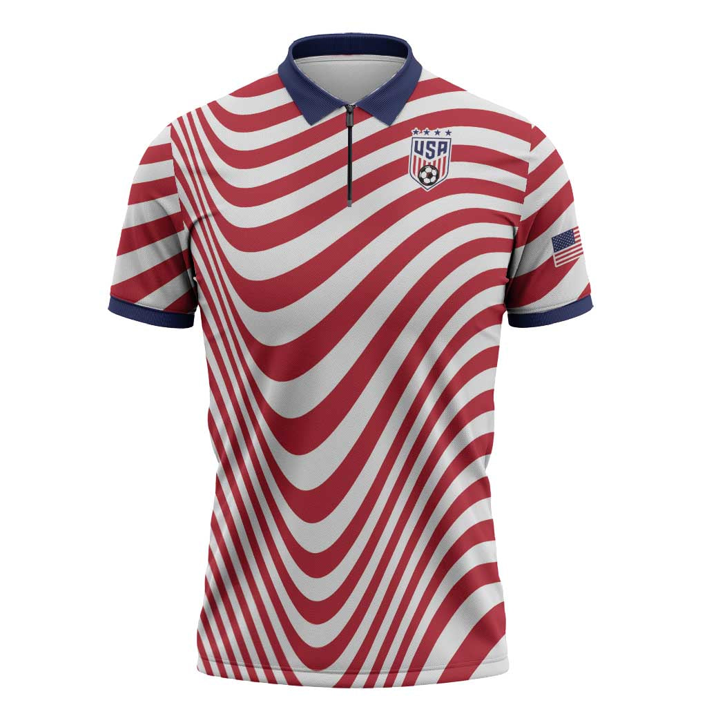 Custom Soccer 2026 USA Zipper Polo Shirt Wave Flag Stylized