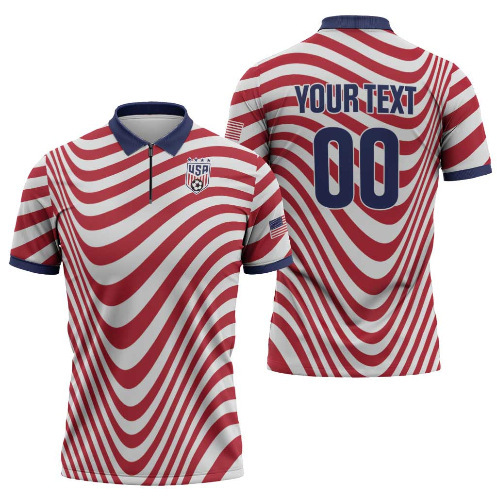 Custom Soccer 2026 USA Zipper Polo Shirt Wave Flag Stylized