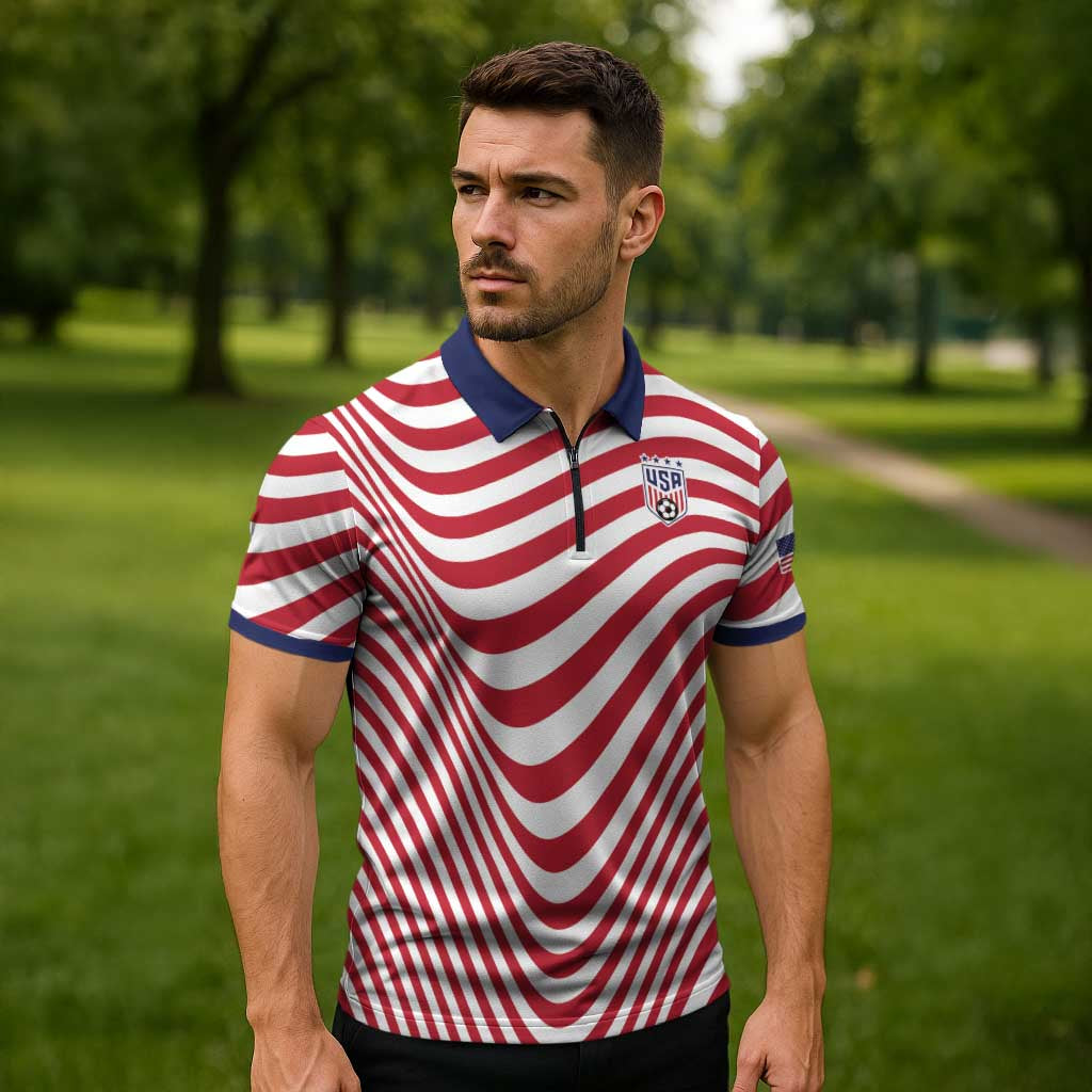 Custom Soccer 2026 USA Zipper Polo Shirt Wave Flag Stylized
