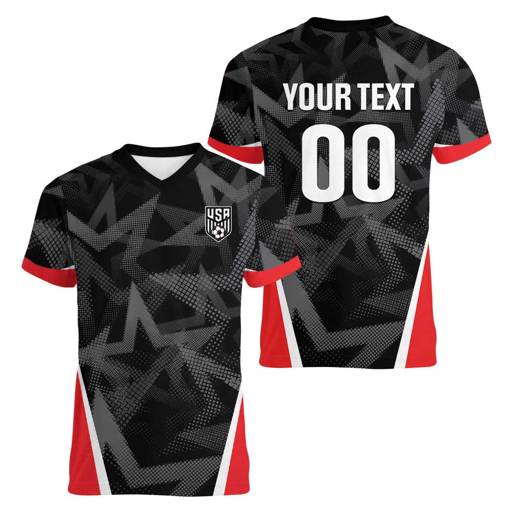 Custom Soccer 2026 USA Women V-Neck T-Shirt Black Stars Version