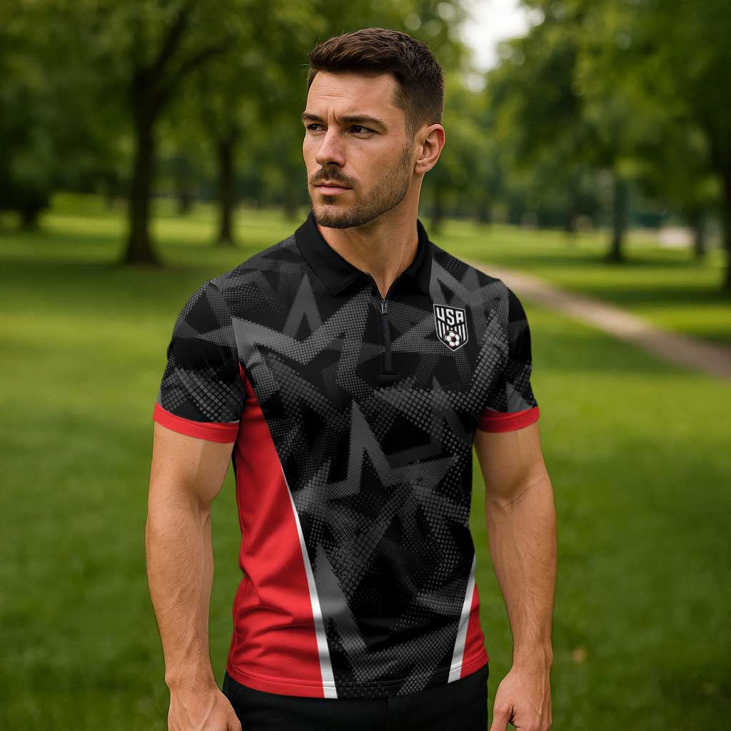 Custom Soccer 2026 USA Zipper Polo Shirt Black Stars Version