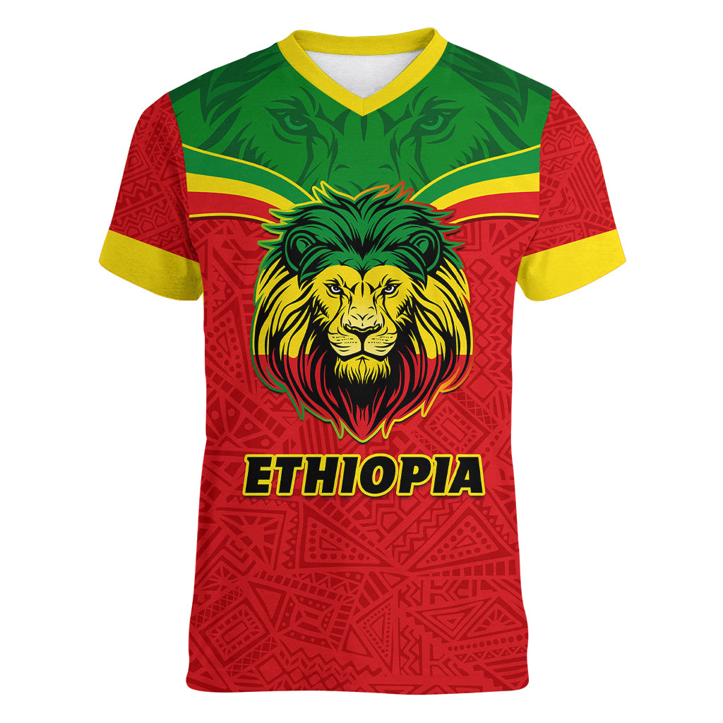 Personalised Ethiopia Women V Neck T Shirt Lion Of Judah Flag Style Special Version - Wonder Print Shop