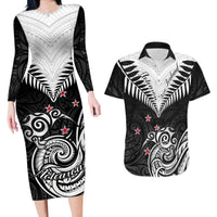 New Zealand Couples Matching Long Sleeve Bodycon Dress and Hawaiian Shirt Aotearoa Maori Kiwi Black Fern - Wonder Print Shop