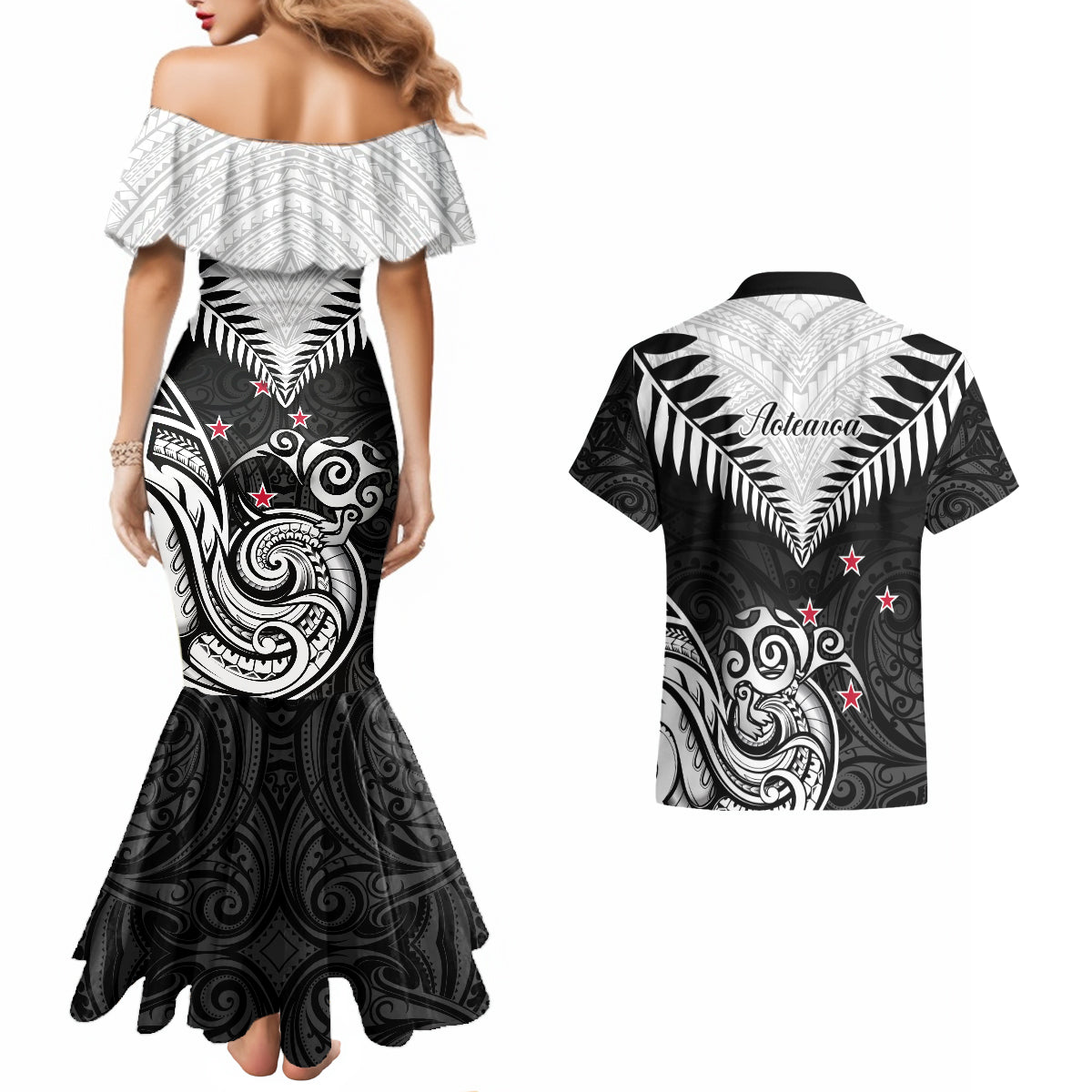 New Zealand Couples Matching Mermaid Dress And Hawaiian Shirt Aotearoa Maori Kiwi Black Fern - Wonder Print Shop