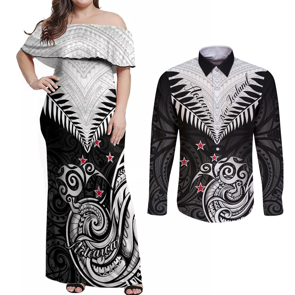 New Zealand Couples Matching Off Shoulder Maxi Dress and Long Sleeve Button Shirts Aotearoa Maori Kiwi Black Fern - Wonder Print Shop