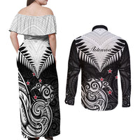 New Zealand Couples Matching Off Shoulder Maxi Dress and Long Sleeve Button Shirts Aotearoa Maori Kiwi Black Fern - Wonder Print Shop