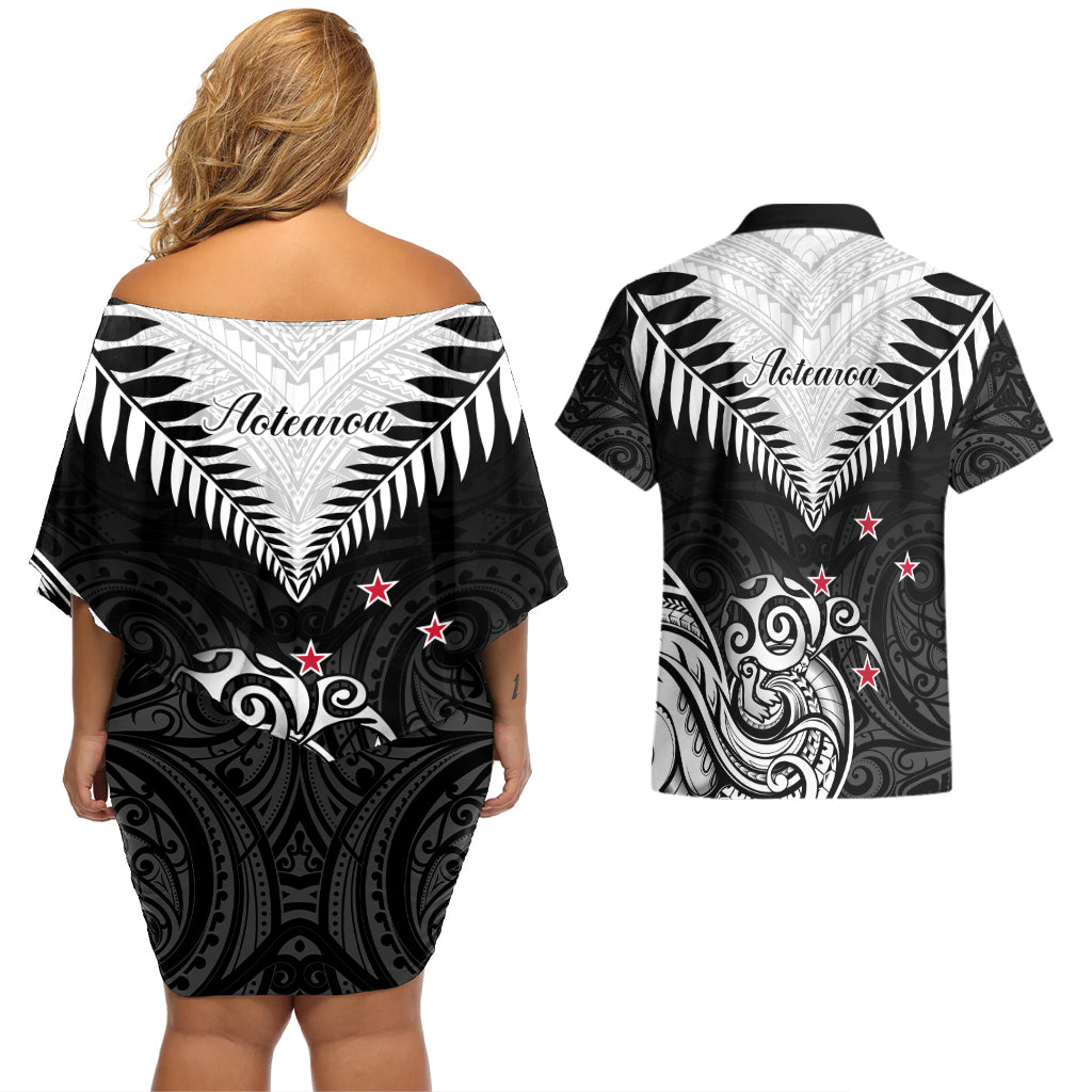 New Zealand Couples Matching Off Shoulder Short Dress and Hawaiian Shirt Aotearoa Maori Kiwi Black Fern - Wonder Print Shop
