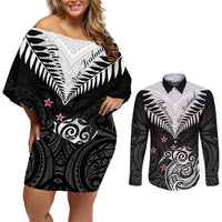 New Zealand Couples Matching Off Shoulder Short Dress and Long Sleeve Button Shirts Aotearoa Maori Kiwi Black Fern - Wonder Print Shop