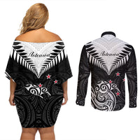 New Zealand Couples Matching Off Shoulder Short Dress and Long Sleeve Button Shirts Aotearoa Maori Kiwi Black Fern - Wonder Print Shop
