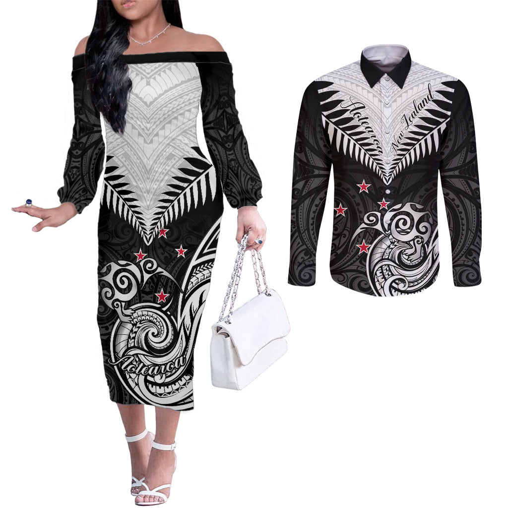 new-zealand-couples-matching-off-the-shoulder-long-sleeve-dress-and-long-sleeve-button-shirts-aotearoa-maori-kiwi-black-fern