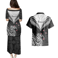 New Zealand Couples Matching Puletasi Dress and Hawaiian Shirt Aotearoa Maori Kiwi Black Fern - Wonder Print Shop