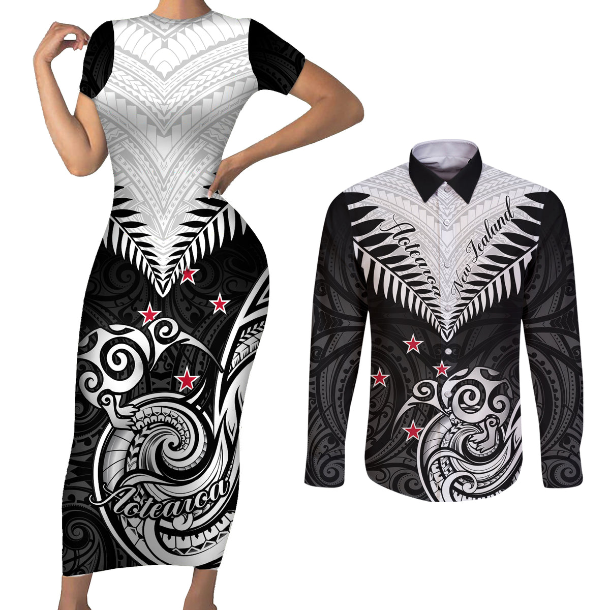New Zealand Couples Matching Short Sleeve Bodycon Dress and Long Sleeve Button Shirts Aotearoa Maori Kiwi Black Fern - Wonder Print Shop