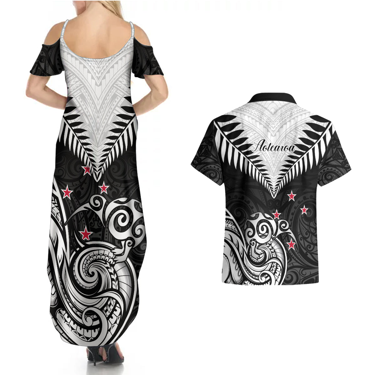 New Zealand Couples Matching Summer Maxi Dress and Hawaiian Shirt Aotearoa Maori Kiwi Black Fern - Wonder Print Shop