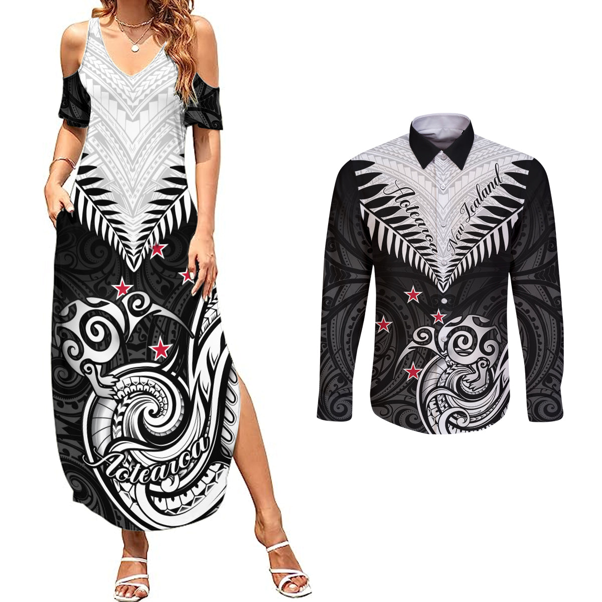 New Zealand Couples Matching Summer Maxi Dress and Long Sleeve Button Shirts Aotearoa Maori Kiwi Black Fern - Wonder Print Shop