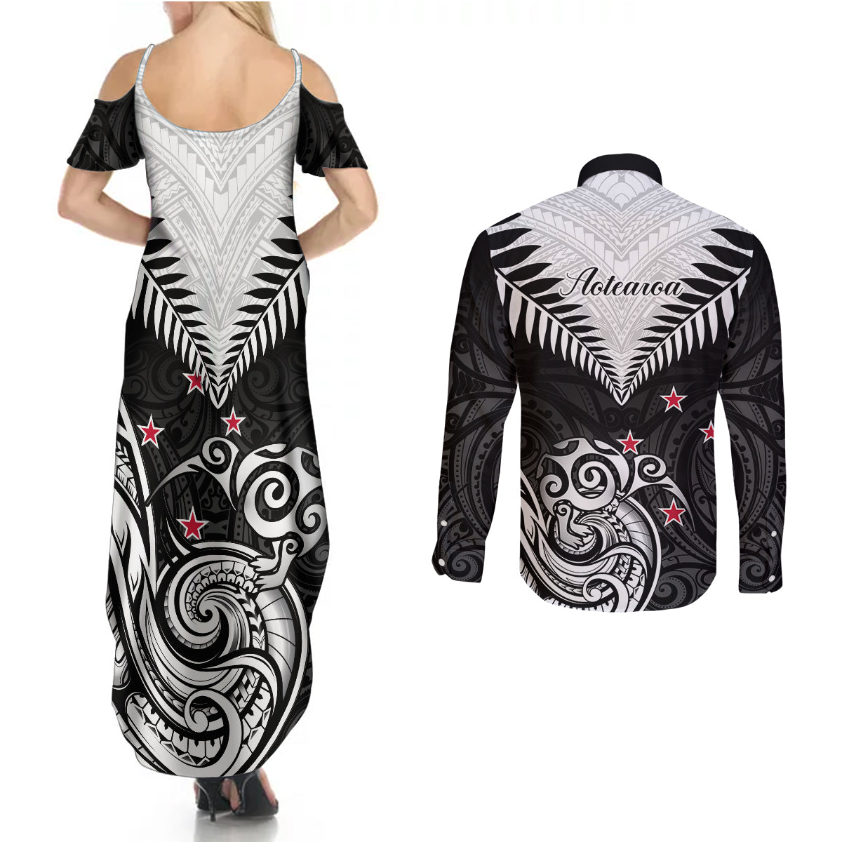 New Zealand Couples Matching Summer Maxi Dress and Long Sleeve Button Shirts Aotearoa Maori Kiwi Black Fern - Wonder Print Shop