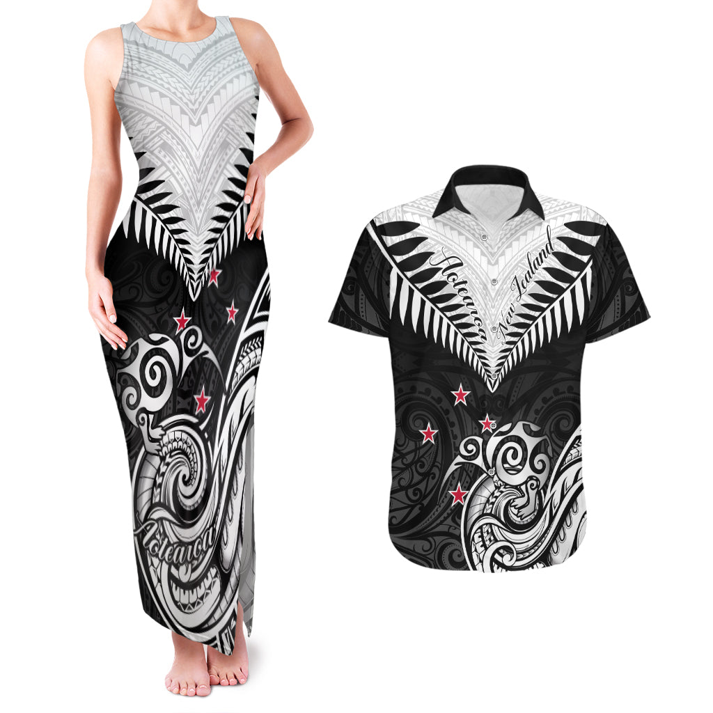 New Zealand Couples Matching Tank Maxi Dress And Hawaiian Shirt Aotearoa Maori Kiwi Black Fern - Wonder Print Shop
