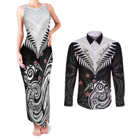 New Zealand Couples Matching Tank Maxi Dress and Long Sleeve Button Shirts Aotearoa Maori Kiwi Black Fern - Wonder Print Shop
