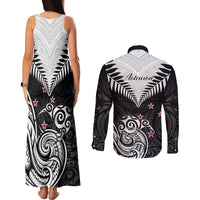 New Zealand Couples Matching Tank Maxi Dress and Long Sleeve Button Shirts Aotearoa Maori Kiwi Black Fern - Wonder Print Shop
