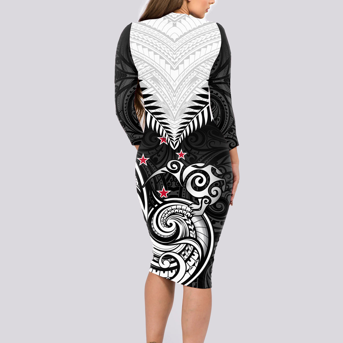 New Zealand Long Sleeve Bodycon Dress Aotearoa Maori Kiwi Black Fern - Wonder Print Shop