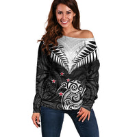 New Zealand Off Shoulder Sweater Aotearoa Maori Kiwi Black Fern - Wonder Print Shop