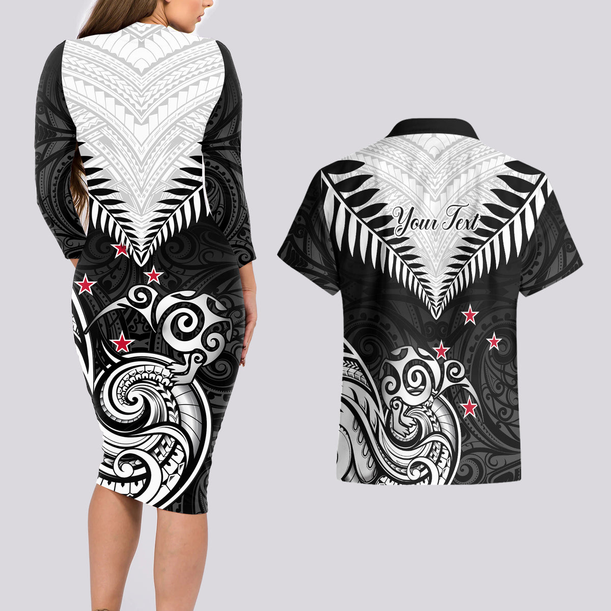 Personalised New Zealand Couples Matching Long Sleeve Bodycon Dress and Hawaiian Shirt Aotearoa Maori Kiwi Black Fern - Wonder Print Shop