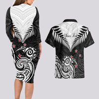 Personalised New Zealand Couples Matching Long Sleeve Bodycon Dress and Hawaiian Shirt Aotearoa Maori Kiwi Black Fern - Wonder Print Shop