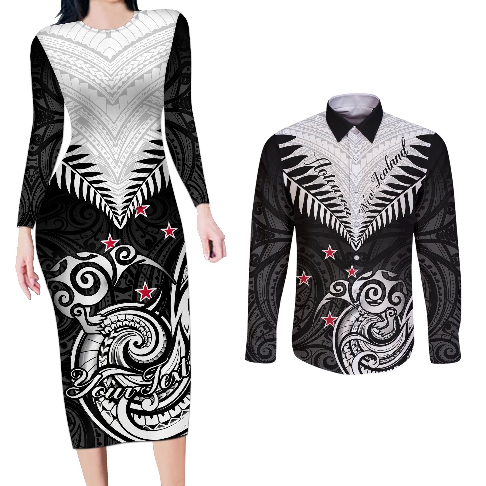 Personalised New Zealand Couples Matching Long Sleeve Bodycon Dress and Long Sleeve Button Shirts Aotearoa Maori Kiwi Black Fern - Wonder Print Shop