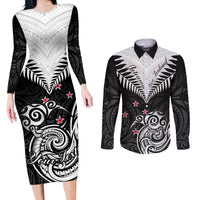 Personalised New Zealand Couples Matching Long Sleeve Bodycon Dress and Long Sleeve Button Shirts Aotearoa Maori Kiwi Black Fern - Wonder Print Shop