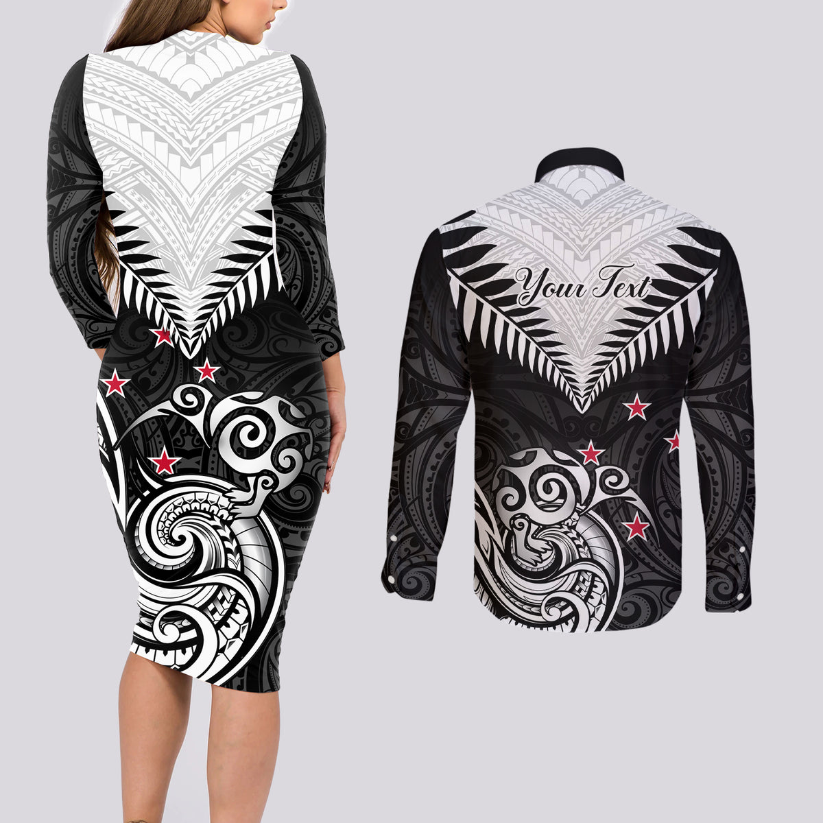 Personalised New Zealand Couples Matching Long Sleeve Bodycon Dress and Long Sleeve Button Shirts Aotearoa Maori Kiwi Black Fern - Wonder Print Shop