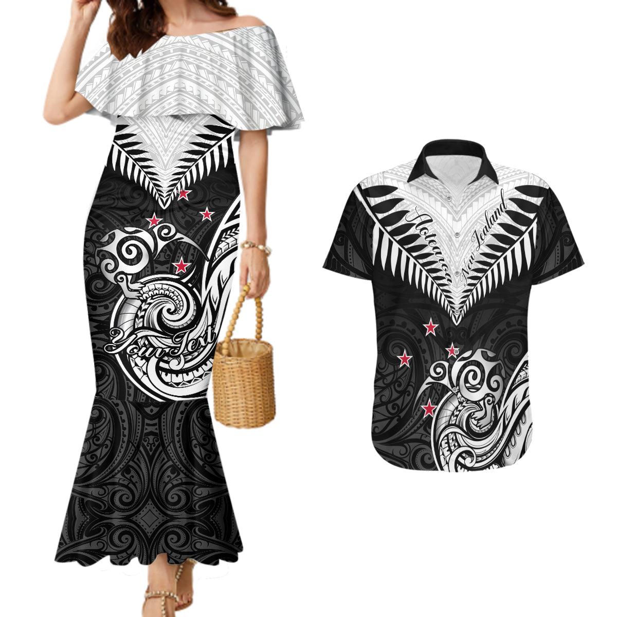 Personalised New Zealand Couples Matching Mermaid Dress And Hawaiian Shirt Aotearoa Maori Kiwi Black Fern - Wonder Print Shop