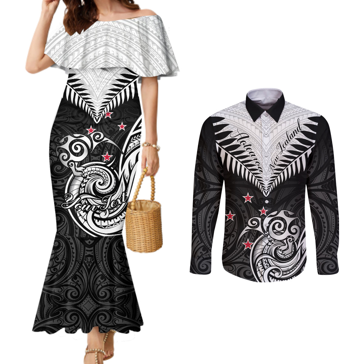 personalised-new-zealand-couples-matching-mermaid-dress-and-long-sleeve-button-shirts-aotearoa-maori-kiwi-black-fern