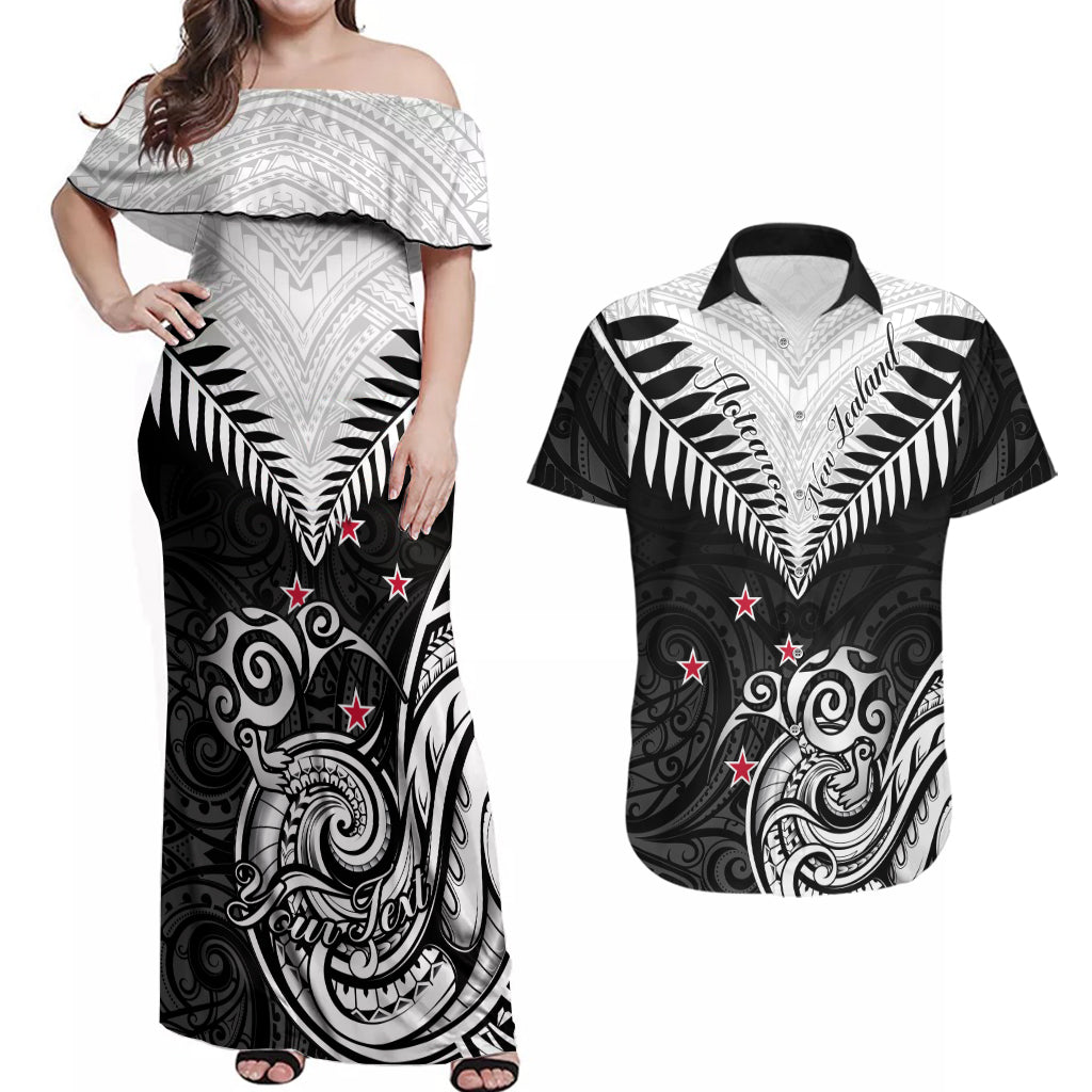 Personalised New Zealand Couples Matching Off Shoulder Maxi Dress and Hawaiian Shirt Aotearoa Maori Kiwi Black Fern - Wonder Print Shop