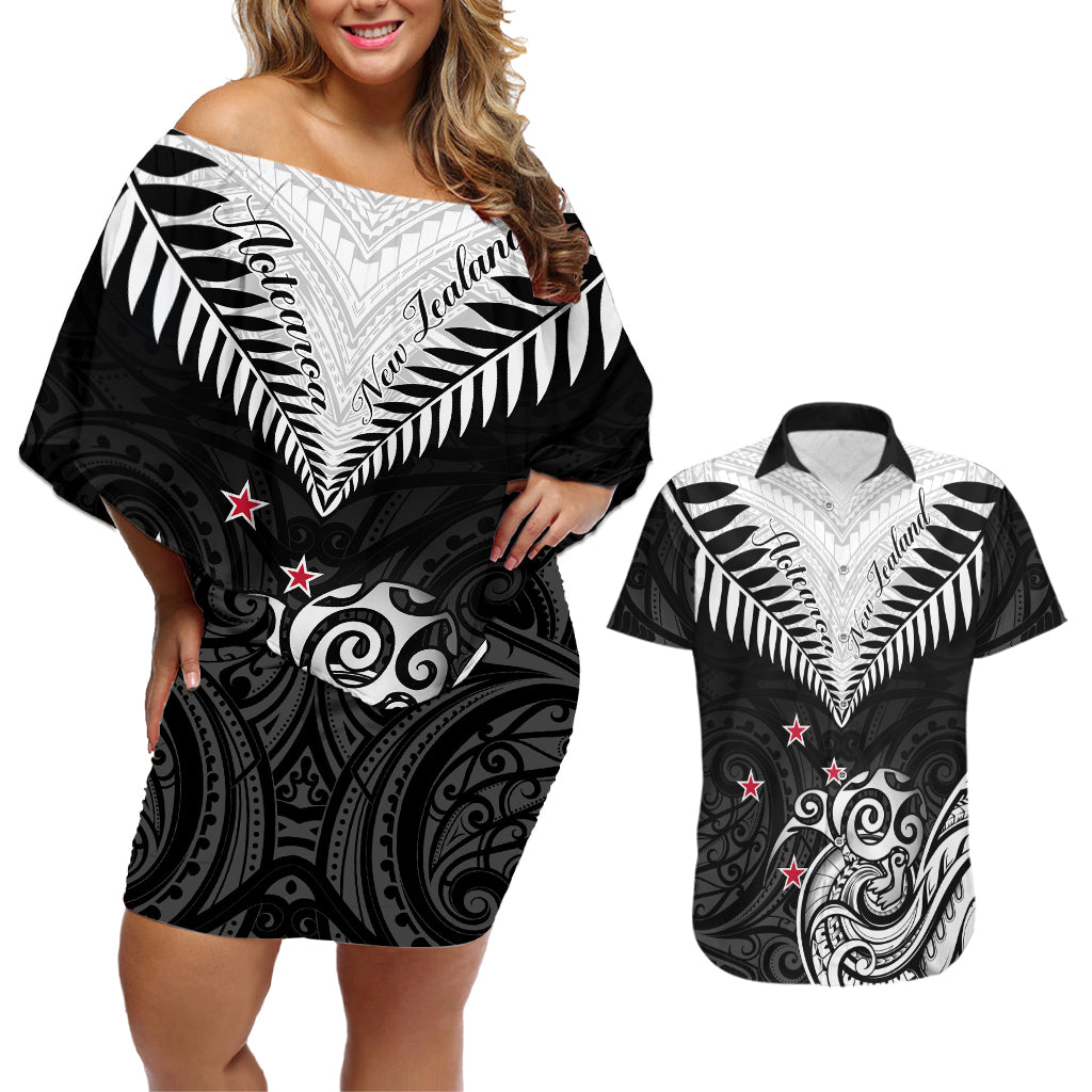 Personalised New Zealand Couples Matching Off Shoulder Short Dress and Hawaiian Shirt Aotearoa Maori Kiwi Black Fern - Wonder Print Shop