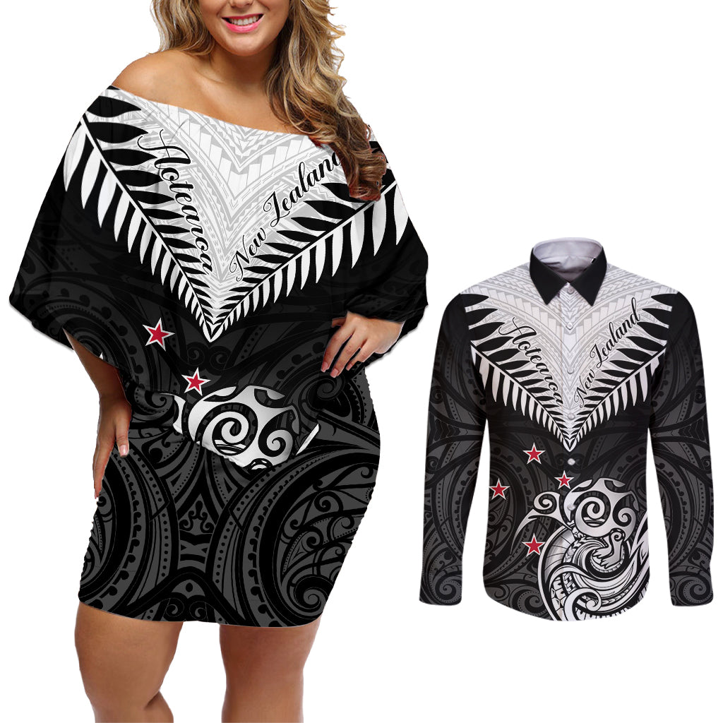 Personalised New Zealand Couples Matching Off Shoulder Short Dress and Long Sleeve Button Shirts Aotearoa Maori Kiwi Black Fern - Wonder Print Shop