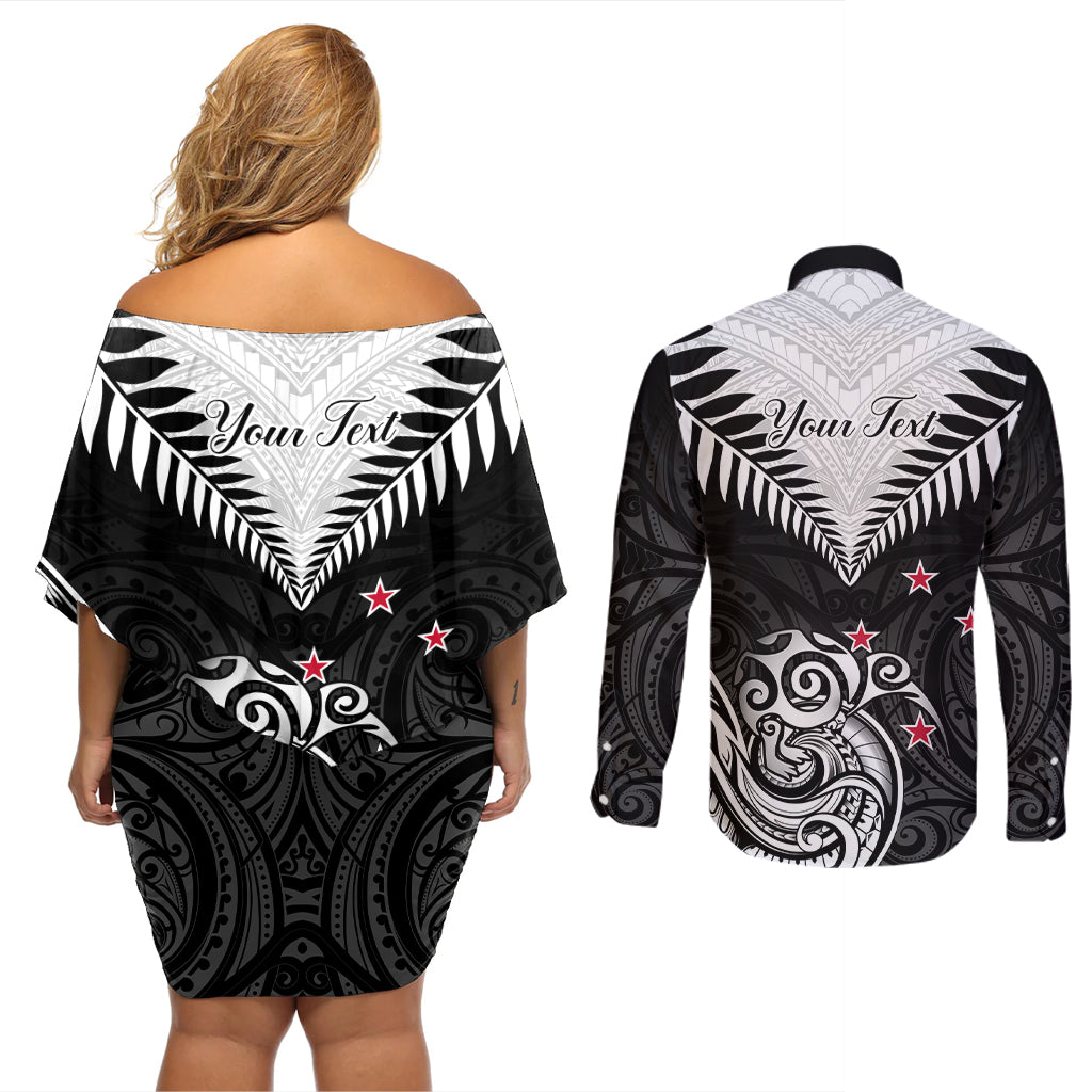 Personalised New Zealand Couples Matching Off Shoulder Short Dress and Long Sleeve Button Shirts Aotearoa Maori Kiwi Black Fern - Wonder Print Shop