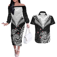 Personalised New Zealand Couples Matching Off The Shoulder Long Sleeve Dress and Hawaiian Shirt Aotearoa Maori Kiwi Black Fern - Wonder Print Shop