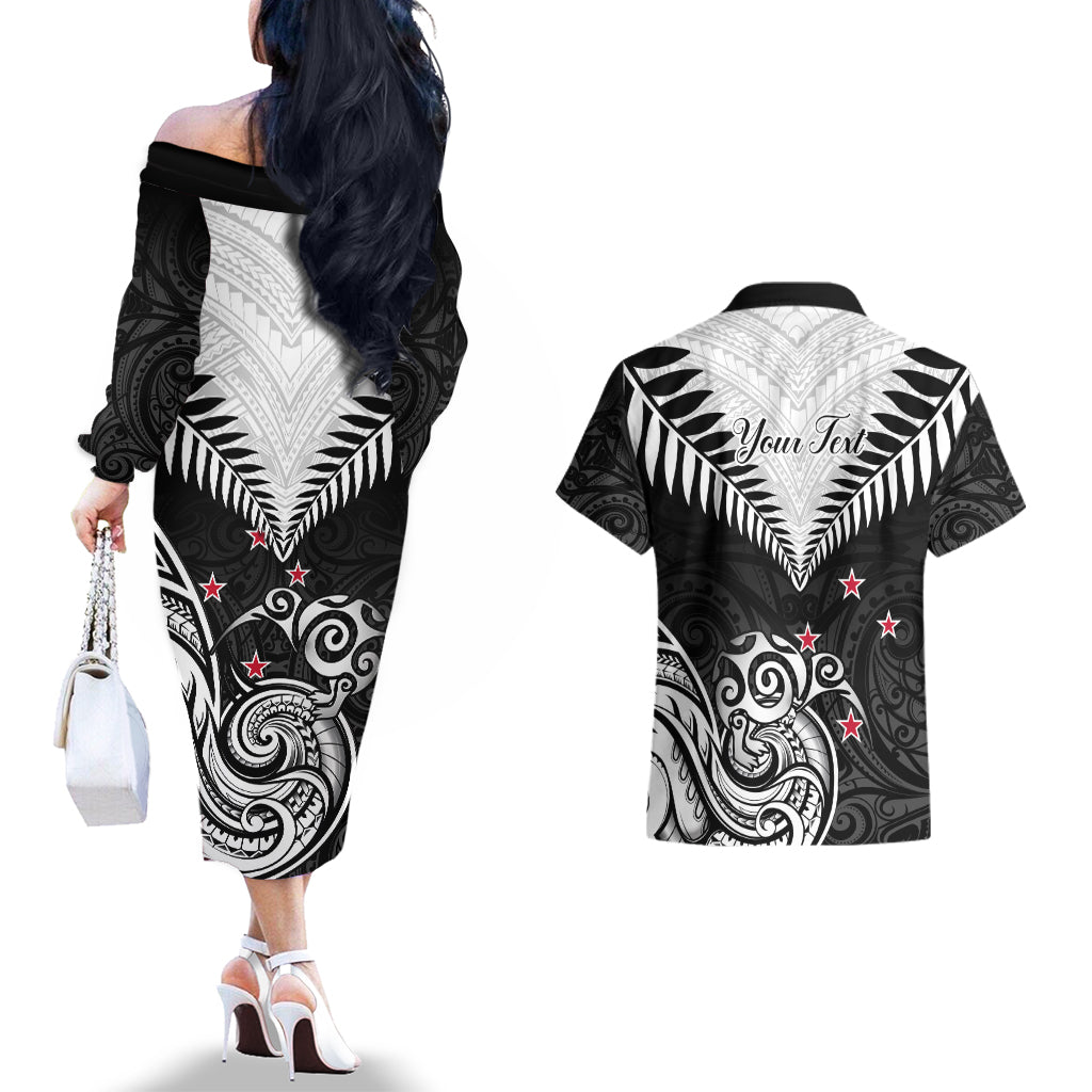 Personalised New Zealand Couples Matching Off The Shoulder Long Sleeve Dress and Hawaiian Shirt Aotearoa Maori Kiwi Black Fern - Wonder Print Shop