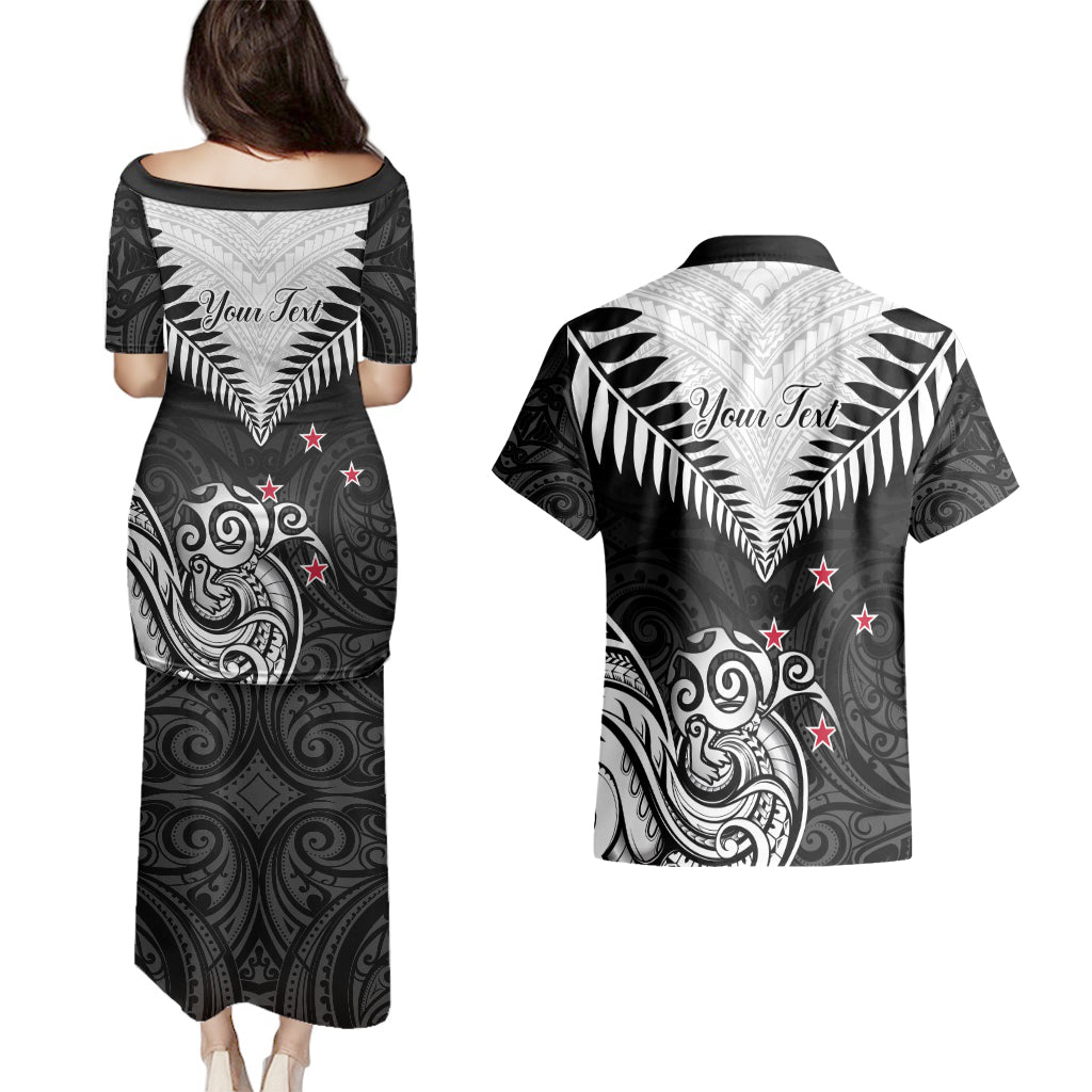 Personalised New Zealand Couples Matching Puletasi Dress and Hawaiian Shirt Aotearoa Maori Kiwi Black Fern - Wonder Print Shop