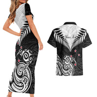 Personalised New Zealand Couples Matching Short Sleeve Bodycon Dress and Hawaiian Shirt Aotearoa Maori Kiwi Black Fern - Wonder Print Shop