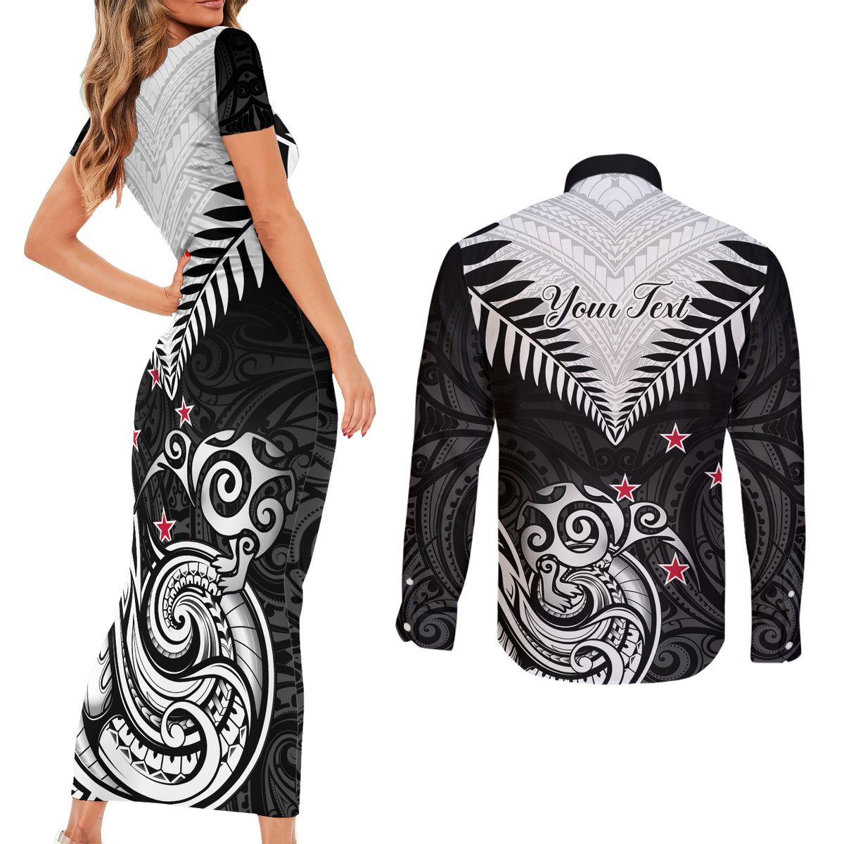 Personalised New Zealand Couples Matching Short Sleeve Bodycon Dress and Long Sleeve Button Shirts Aotearoa Maori Kiwi Black Fern - Wonder Print Shop