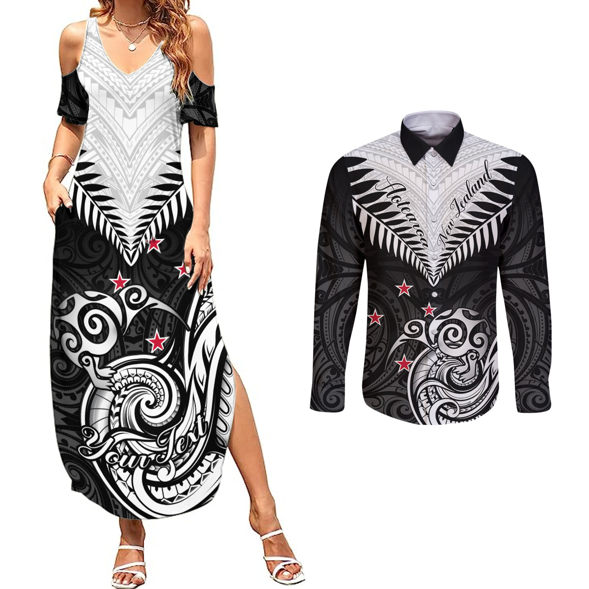 Personalised New Zealand Couples Matching Summer Maxi Dress and Long Sleeve Button Shirts Aotearoa Maori Kiwi Black Fern - Wonder Print Shop
