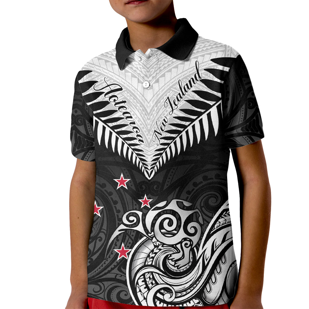 Personalised New Zealand Kid Polo Shirt Aotearoa Maori Kiwi Black Fern - Wonder Print Shop