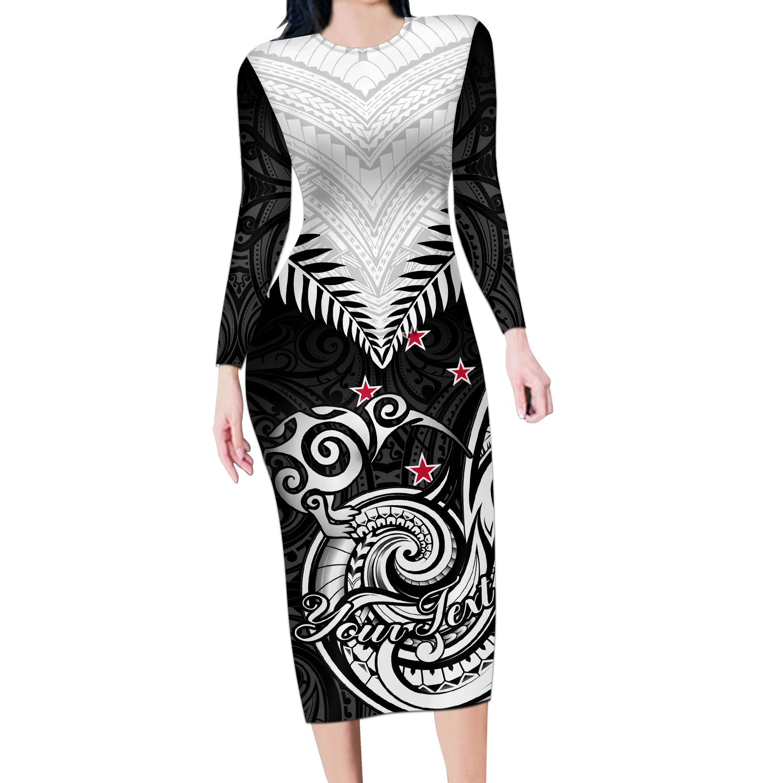 Personalised New Zealand Long Sleeve Bodycon Dress Aotearoa Maori Kiwi Black Fern - Wonder Print Shop